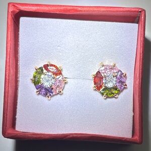 Marquise Cut Rainbow Cluster Stud Earrings Women's Yellow Gold Color Finish